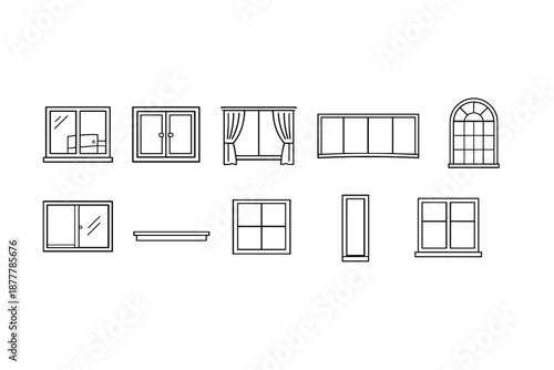 Set of minimalist window outline icons in black line art, showing different frames, panes, shutters, curtains, arches, and sliding designs