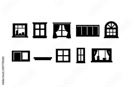 Minimal black silhouette icon set of various house windows and doors, including panes, shutters, curtains, balcony railing, and arched frame designs