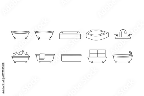 Minimal line icons of bathtubs, sinks, faucets and bathroom fixtures in a clean outline style set, depicting home plumbing and bathing elements