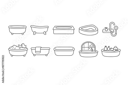 Minimal line-art set of bathroom bathtub and sink icons showing different tub shapes, bubble bath, shower fixture, basin, and vanity supplies