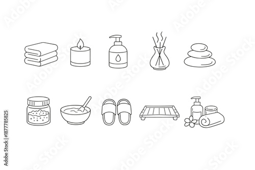 Minimal line icons of spa wellness items including towels, candle, lotion, diffuser, stones, scrub, mask bowl, slippers, mat, and cosmetics
