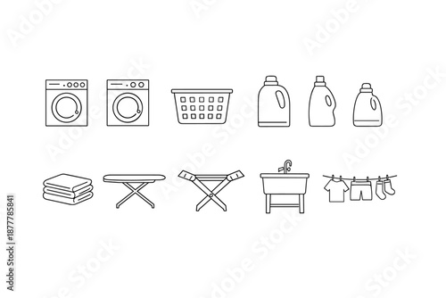 Minimal line icon set of laundry and washing essentials with washers, basket, detergent bottles, folded towels, ironing boards, sink, and clothesline