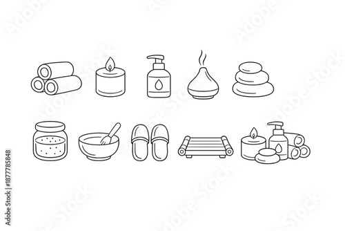 Minimal line icons of spa essentials featuring towels, candles, lotion, incense, stones, scrub jar, mixing bowl, slippers, and a wooden massage mat