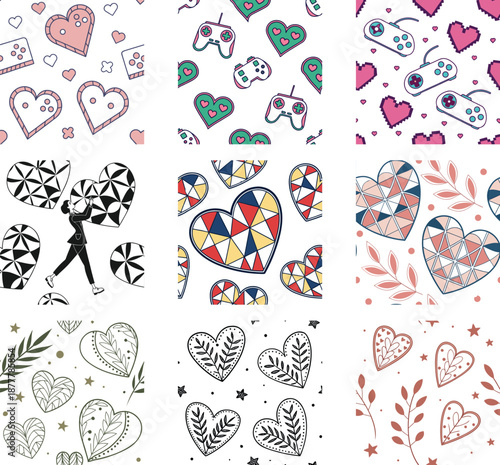 Seamless pattern set with hand drawn hearts and game controllers, hearts with geometric patterns, a girl with black and white hearts, and floral heart designs, on transparent and white backgrounds