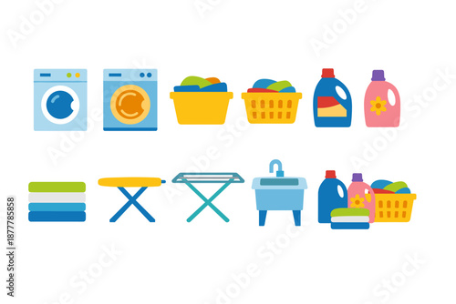 Flat vector set of laundry equipment and supplies including washing machines, detergent bottles, baskets, folded towels, ironing board, drying rack, and sink