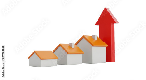 low-angle 3d illustration of minimalist matte white houses with tangerine pitched roofs, arranged sequentially, reflecting on a polished white surface with a massive red arrow behind, Concept of real