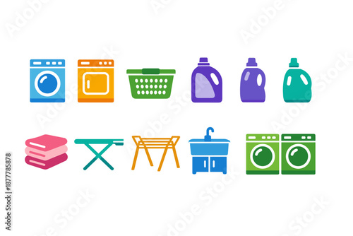 Colorful flat laundry and cleaning icons set featuring washing machines, detergent bottles, basket, towels, ironing board, drying rack, and sink