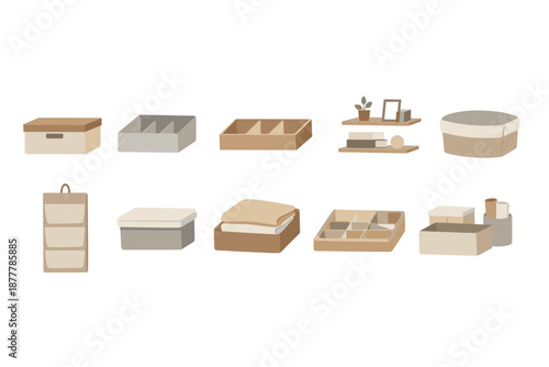Set of minimalist storage organizers including boxes, drawer dividers, fabric bins, and shelves for home organization and tidy closet arrangement