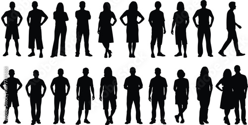 Vector illustration of human silhouettes—symbols for posture, fashion, gesture, diversity, lifestyle, stance, identity, movement, emotion, and expressive character design