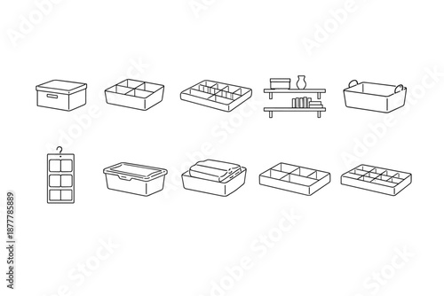 Minimal line art set of storage organizers, divided trays, lidded boxes, shelving unit with dishes, and a sofa for home organization planning