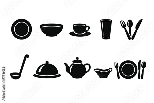 Minimal black silhouette set of tableware icons with plate, bowl, cup, glass, cutlery, ladle, serving cloche, teapot and gravy boat