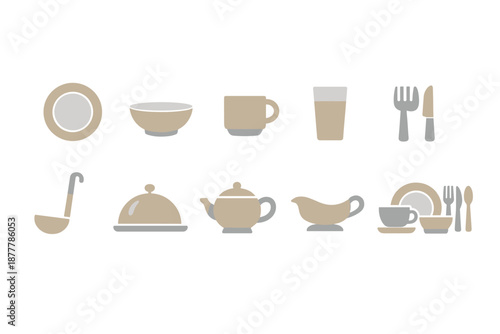 Minimal flat illustration set of kitchen tableware and dining utensils including plates, bowl, mug, glass, teapot, gravy boat, cutlery and serving tray