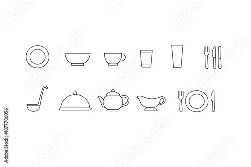 Minimal line icons of tableware set showing plate, bowl, cup, glasses, cutlery, ladle, serving dome, teapot, and gravy boat in outline style