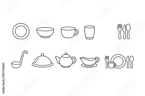 Minimal line art set of tableware icons including plate, bowl, cup, glass, cutlery, ladle, covered serving dish, teapot, and gravy boat