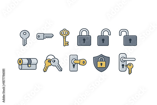Set of security icons with keys, padlocks, door locks, and shield symbol, representing access control, safety, privacy, and protection concepts