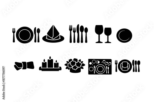 Black dining and tableware silhouette set showing plates, cutlery, folded napkin, wine glasses, bowls, candles, flowers, and place settings