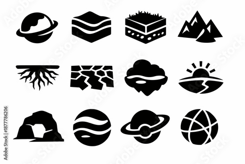 Set of black silhouette nature and geology icons featuring planet, terrain layers, mountains, roots, cracked ground, storm cloud, sunrise, cave, waves, globe