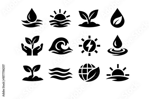 Set of minimal eco and renewable energy icons with water drops, waves, seedlings, hands, sun, globe leaf, and lightning symbol silhouettes
