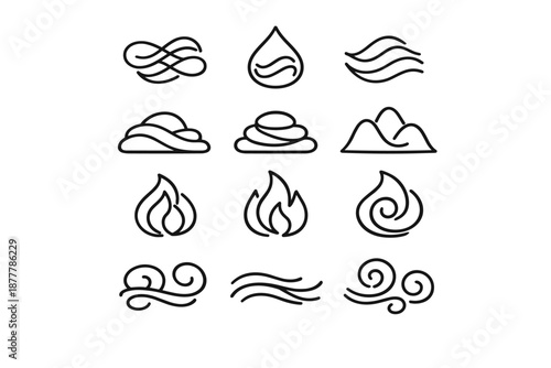 Minimal black line icons representing natural elements including air, water, clouds, mountains, fire and wind swirls in a clean vector style set
