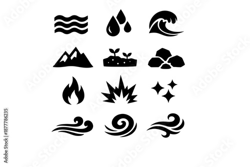 Black silhouette elemental icons set featuring water waves and droplets, ocean surf, mountains, soil seedlings, rocks, fire, explosion, sparkle, wind swirls