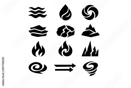 Set of black elemental icons showing water waves, droplet, vortex, layered ground, cracked rock, mountains, flames, wind, arrows and tornado