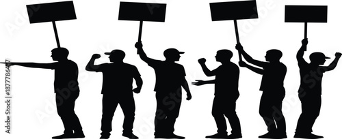 Black Silhouette Set of Men Protesting with Blank Placards and Signs, Male Figures for Social Justice Demonstration Activism and Vector