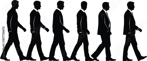 Vector illustration of walking man silhouettes—symbols for motion, business, posture, stride, lifestyle, movement, professionalism, gesture, design, and character modeling