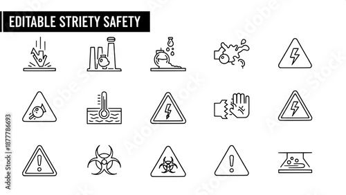 “Editable stroke safety icons set, line based design, industrial hazard symbols, clean UI UX icon style, monochrome”