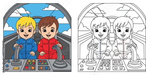 Coloring book page for kids with color reference showing two happy cartoon boy pilots flying an airplane in the cockpit