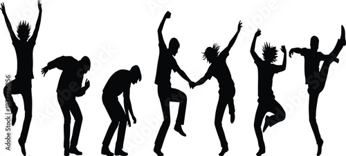 Black silhouettes of happy people jumping and dancing in various energetic poses isolated on a white background for party celebration,