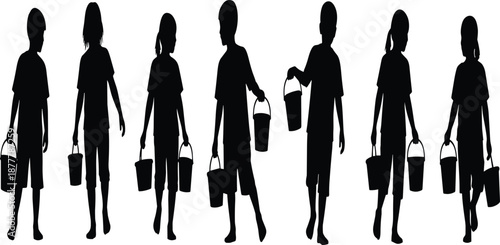 Silhouette of a group of children standing and walking while carrying buckets, childhood summer activities, teamwork and chores concept, white background
