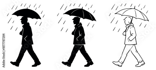Stylized man with umbrella set featuring silhouette and line art variations for weather-related designs