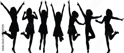 Silhouette of a group of happy women jumping and dancing with arms raised, celebrating success, joy, and freedom, feminine empowerment