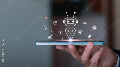 AI chatbot assistant emerging from smartphone with digital icons, representing artificial intelligence, automation, data analytics, cloud computing, cybersecurity and smart business technology.