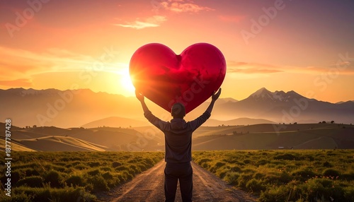 Silhouette of a person holding a heart against a sunset backdrop.