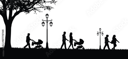 Silhouette of families walking in public park with baby strollers near trees and lamp posts, outdoor evening recreation and parental lifestyle