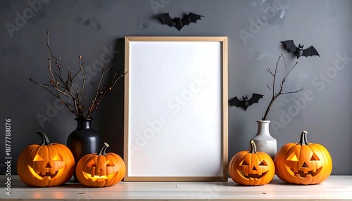 Halloween Mockup with Pumpkins and Bats for Festive Display.