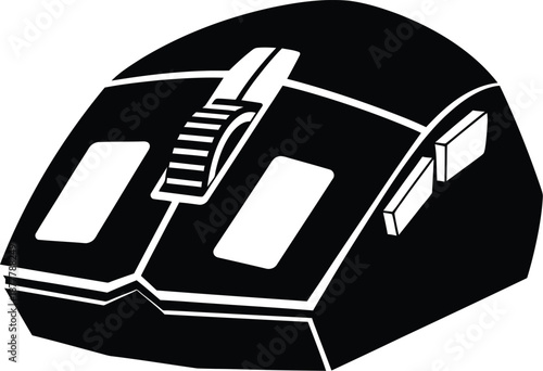 Simple black and white silhouette icon of a modern computer gaming mouse peripheral