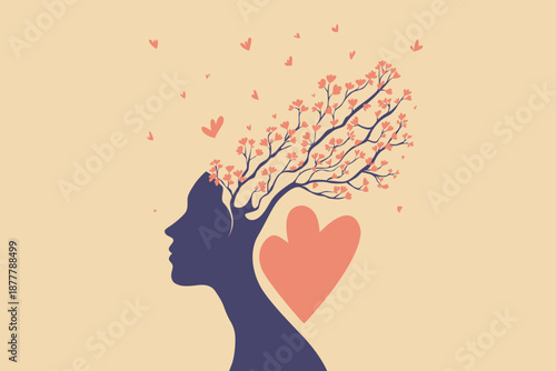 Surreal silhouette of woman profile with tree branches, pink flowers and butterflies in hair, heart element on beige background vector