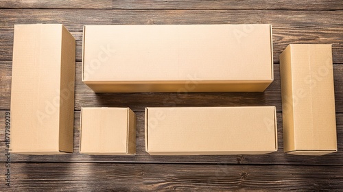 distribution. Minimalist arrangement of parcel boxes on a wooden surface for delivery concept. mobility guides, transit brochures, designed for mobility and urban transit guides.