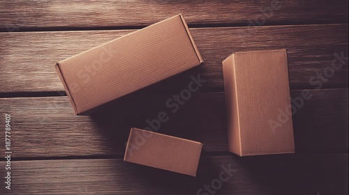 distribution. Minimalist arrangement of parcel boxes on a wooden surface for delivery concept. mobility guides, transit brochures, designed for mobility and urban transit guides.