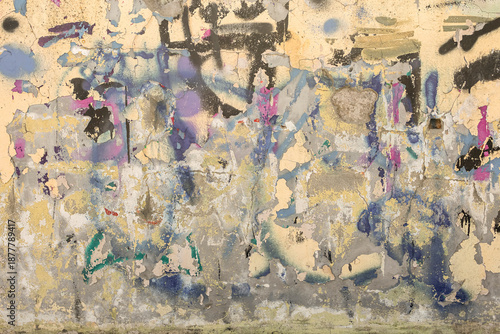 Abstract multicolor grunge background with abstract color texture. Abstraction from collapsing graffiti on the wall. Weathered wall background.