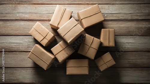 distribution. Minimalist arrangement of parcel boxes on a wooden surface for delivery concept. mobility guides, transit brochures, designed for mobility and urban transit guides.