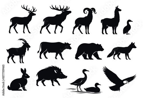 Wildlife silhouette icon set featuring a variety of wild animals and birds for nature and conservation themes