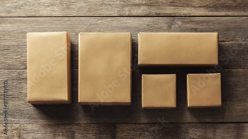 distribution. Minimalist arrangement of parcel boxes on a wooden surface for delivery concept. mobility guides, transit brochures, designed for mobility and urban transit guides.