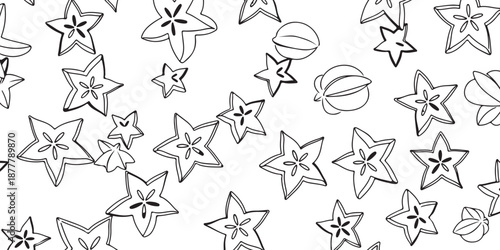 Vector seamless pattern of stylized star fruit illustrations on a white background
