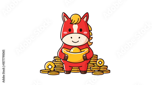 Cute Chinese Zodiac Horse Holding Gold Ingot Vector