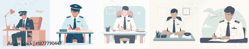 A Male Pilot Writing at a Desk Vector Illustration