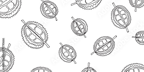 A repeating seamless pattern of stylized durian fruit slices in a black and white sketch style
