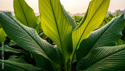 Fresh green turmeric leaves covered in morning dew in the garden